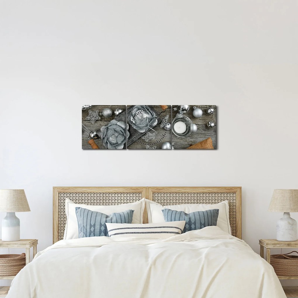 Tablou - decorațiuni argintii de Crăciun (cu ceas) (90x30 cm)