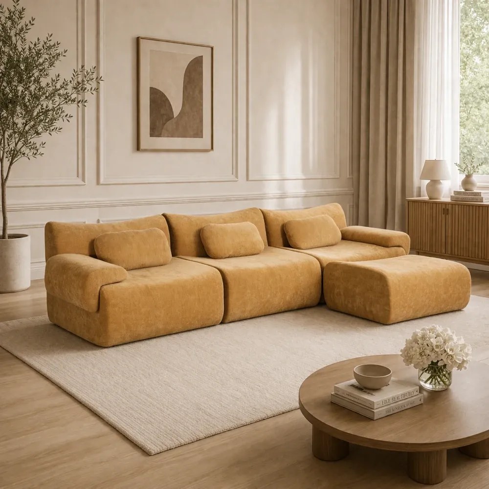 VELORA – Canapea Modulară din Chenille Premium, din spumă de înaltă densitate, L-Shape, 3 perne, Ultra Confort & Design Reconfigurabil, Galben