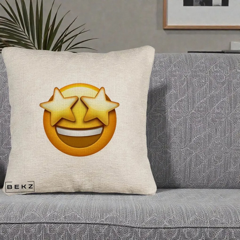 Perna Decorativa Emoji Ochi Stele, 40x40 cm, Bej Canapea, Husa Detasabila, Perna Inclusa, BEKZ®