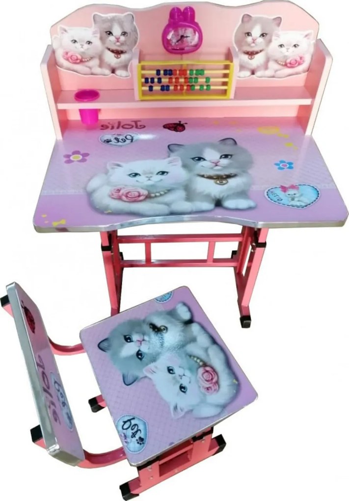 Birou copii din MDF cu jucarii interactive Novokids™ My first desk, Dimensiuni 68X43X65, Cadru metalic, masuta copii, Model Pisicute, Roz