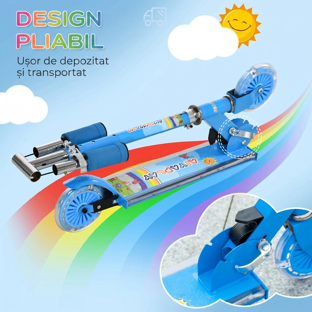 HOMCOM Scuter Pliabil pentru Copii, Scuter cu 2 Roți, Înălțime Reglabilă, Lumini LED și Muzică, 67x32x78 cm, Albastru | Aosom Romania