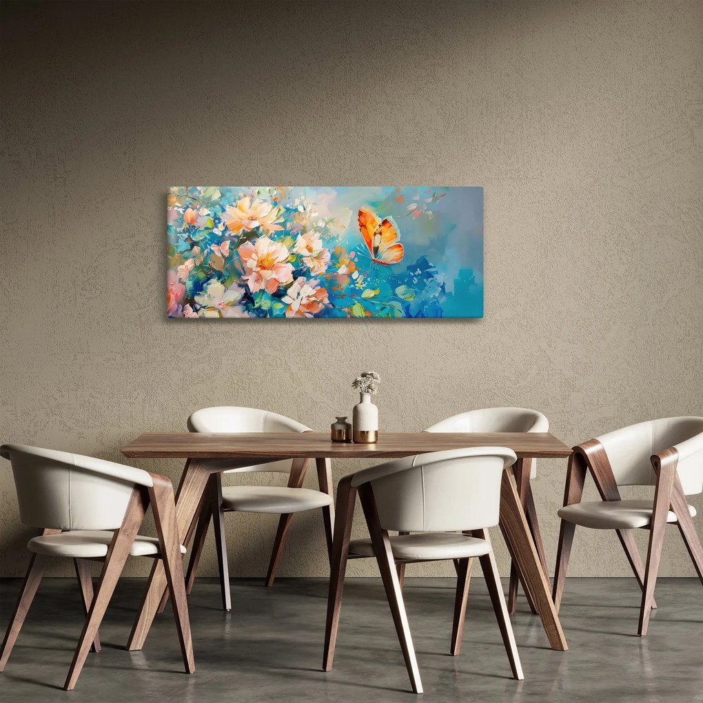Tablou - Fluture și flori, pictură în ulei II. (120x50 cm)