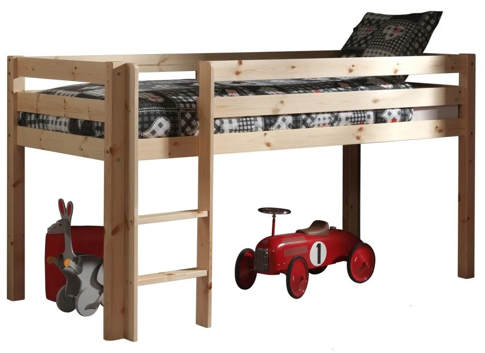 Pat copii inaltime medie lacuit natural cu perdea Fire Truck / PINO - Vipack