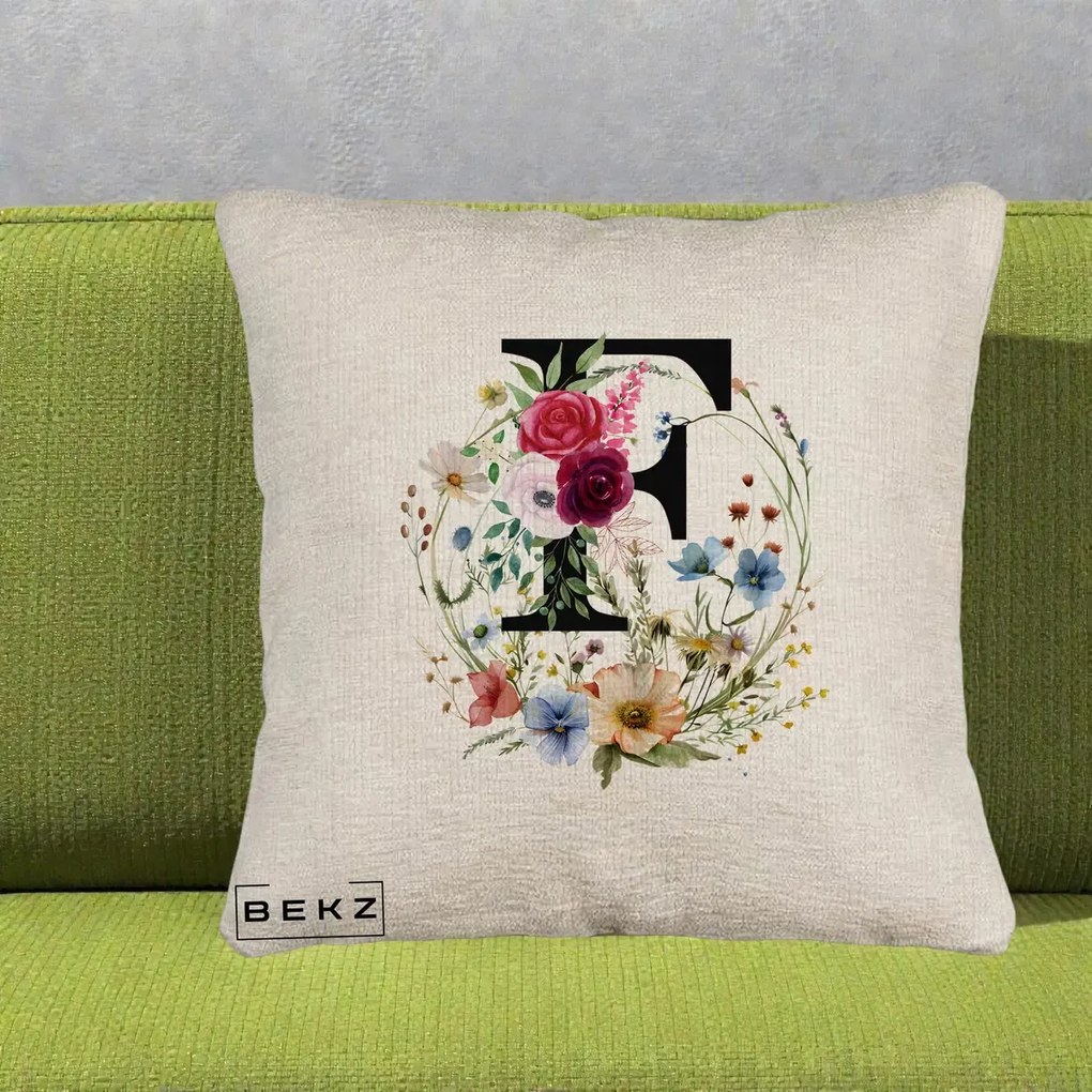 Cadou Personalizat - Perna Personalizata Monogram Litera F cu Flori Acuarela, 40x40 cm, Bej Canapea, Husa Detasabila, Perna Inclusa, BEKZ®