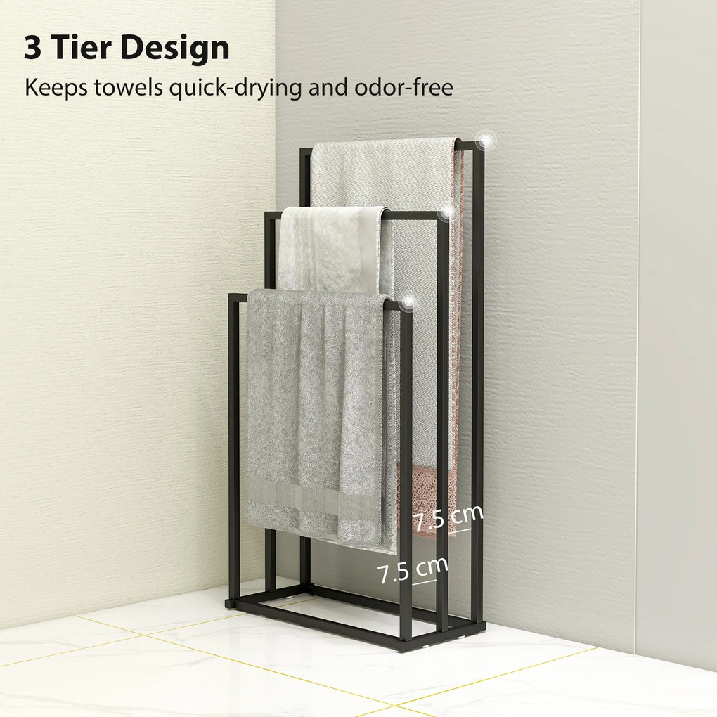 HOMCOM Suport pentru Prosoape de Podea cu 3 Brate Autoportant din Oțel, 45x21.5x85 cm | Aosom Romania