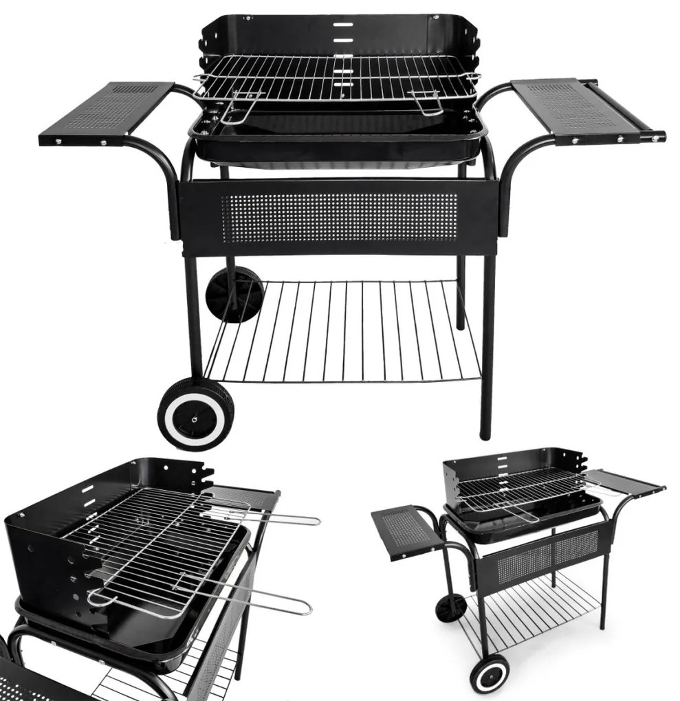Görgős faszenes kerti grill állítható rácsmagassággal