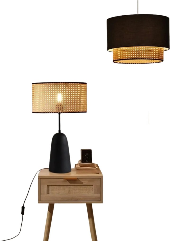 Set lustra si lampa AYD-3742, negru/bej, metal/ratan