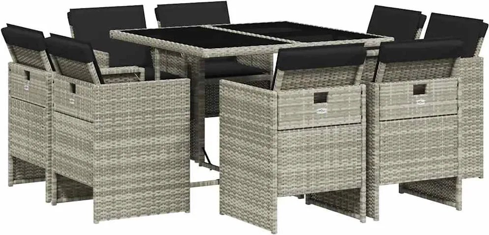 vidaXL Set mobilier grădină cu perne, 9 piese, gri deschis, poliratan