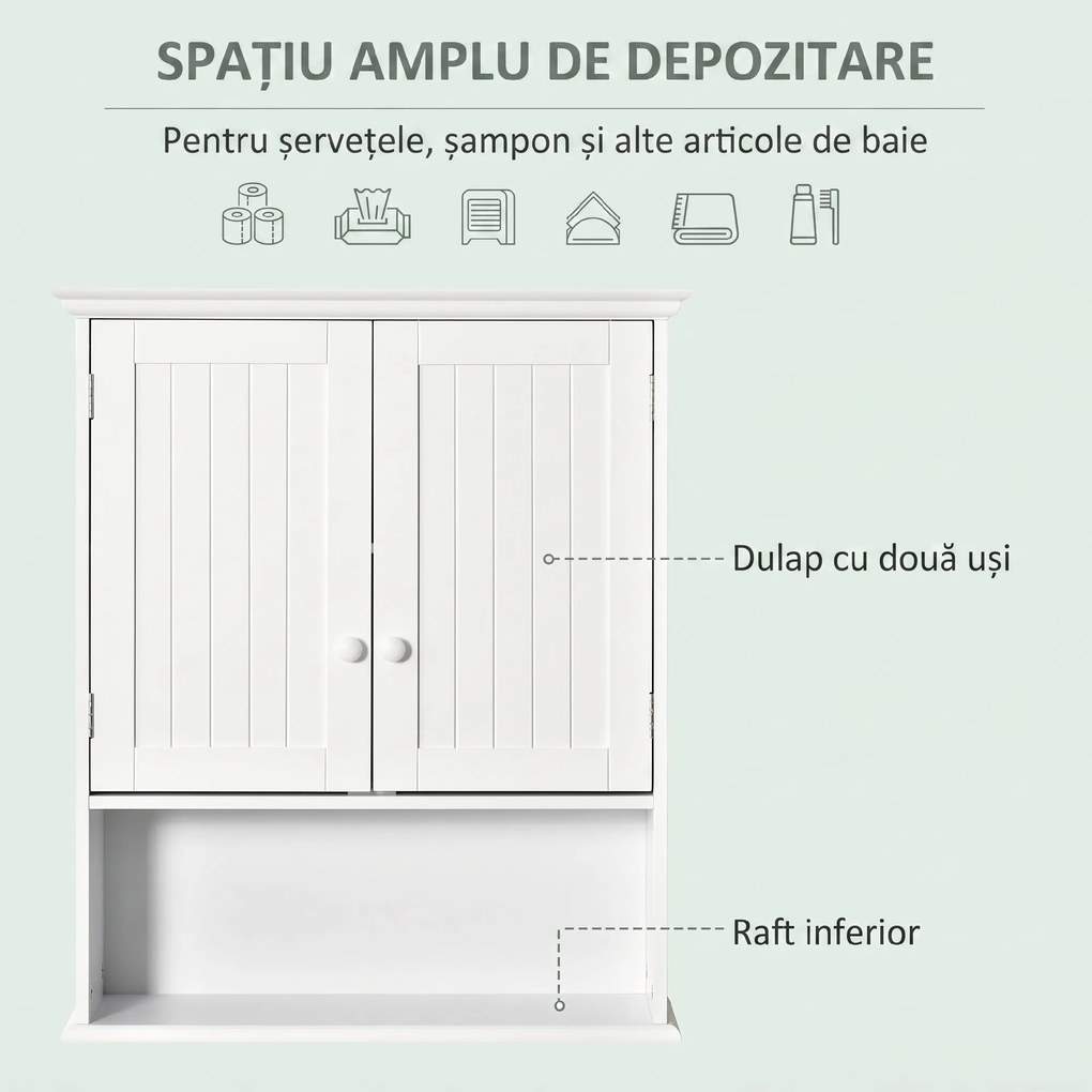 kleankin Dulap de Baie Suspendat cu Dulăpior, 2 Uși cu Închidere Magnetică și Raft Deschis, 60x20x70.5 cm, Alb | Aosom Romania