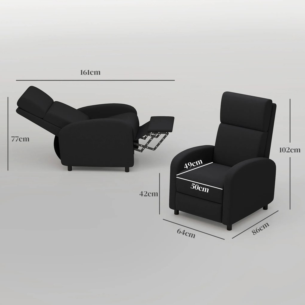HOMCOM Fotoliu Relax Rabatabil Manual 160° cu Suport pentru Picioare, Fotoliu Ergonomic Tapițat cu Aspect de In pentru Dormitor, Birou, Living și Sufragerie, Negru | Aosom Romania