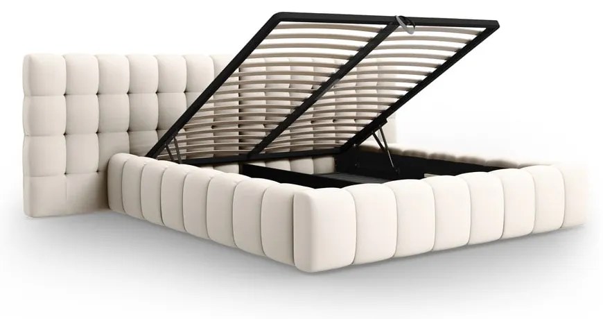 Pat matrimonial crem tapițat cu spațiu de depozitare cu somieră 160x200 cm Mamaia – Micadoni Home