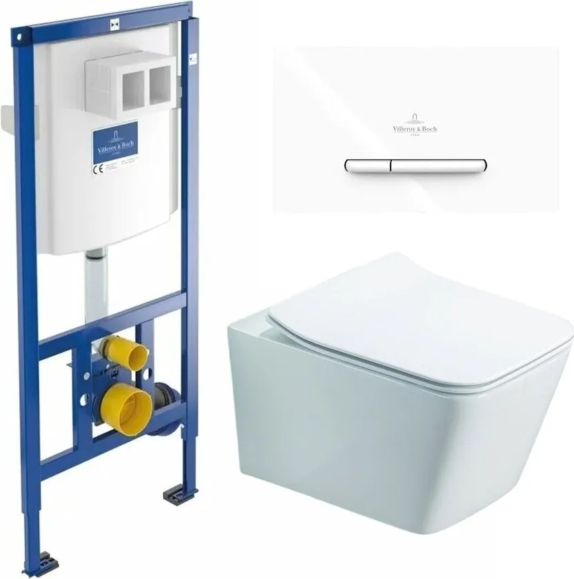 Rezervor WC cu cadru incastrat Villeroy&Boch 112 cm cu clapeta ViConnect 300S alb plus vas WC Rune Jord alb cu capac softclose