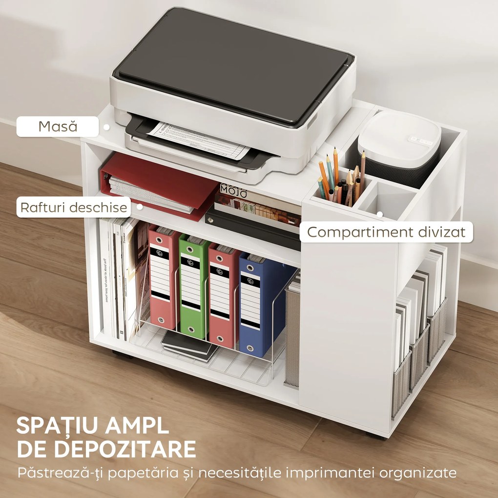 HOMCOM Dulap pentru Imprimantă cu Roți, Dulap Multifuncțional cu Compartimente Deschise, Raft și Spațiu de Depozitare, Noptieră pentru Living, Cameră sau Birou, 70x36x60 cm, Alb | Aosom Romania