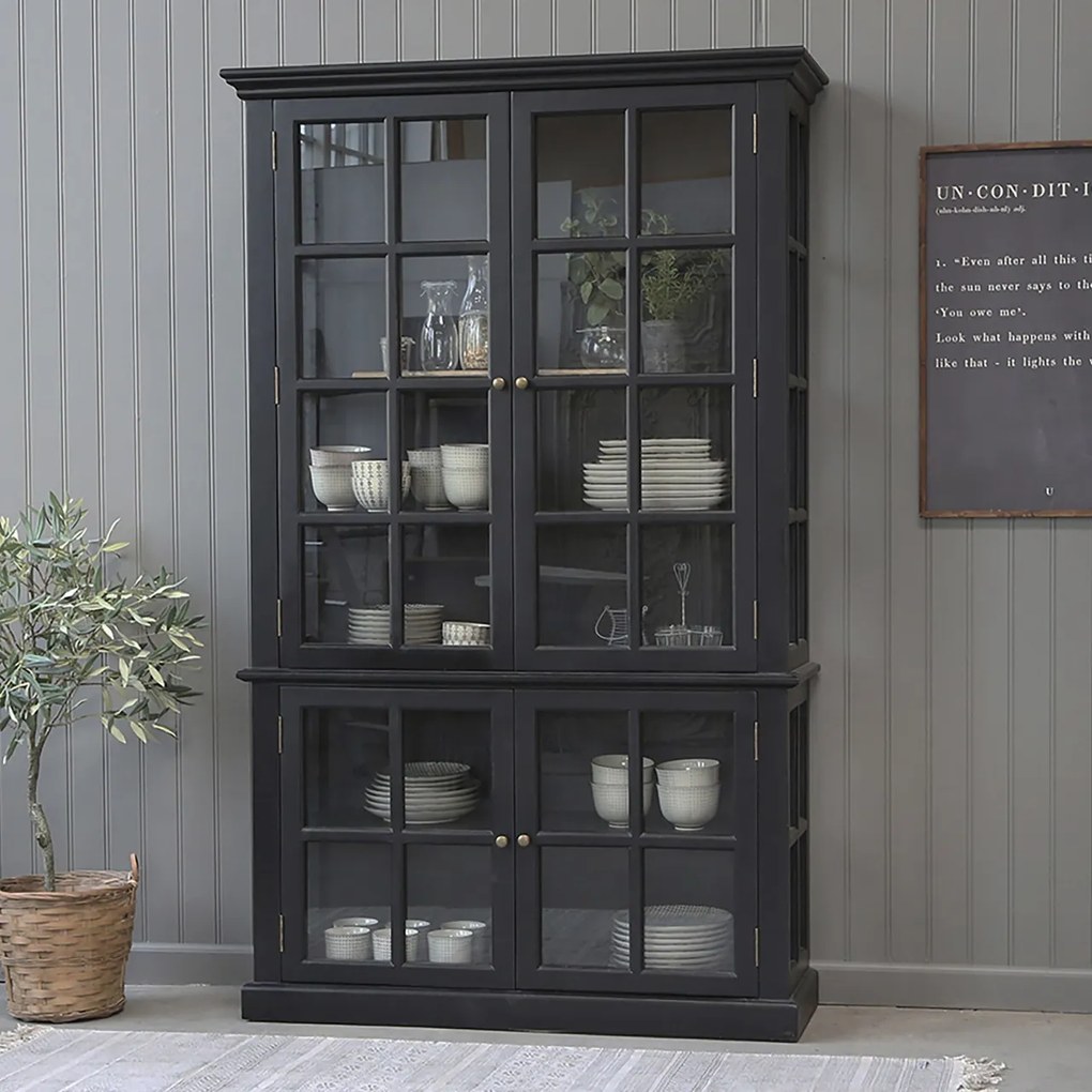 Vitrina din lemn masiv, negru, cu 4 usi, aspect rustic, Marseille