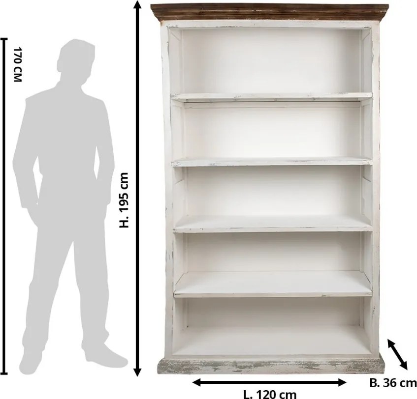 Bibliotecă vintage din lemn, finisaj alb antichizat, 4 rafturi deschise, 120×36×195 cm, „Librarie"