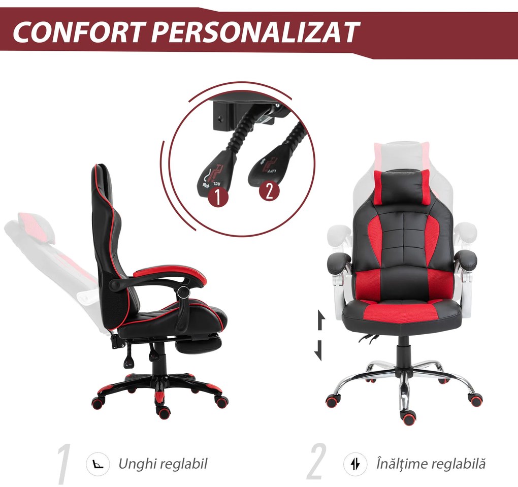 HOMCOM Scaun Gaming Ergonomic cu Inclinare Suport Lombar Tetieră Piele Ecologică Roșu Negru | Aosom Romania