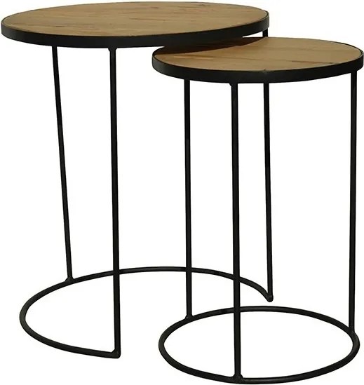 Set 2 măsuțe de cafea rotunde din lemn de stejar și metal, natur, cu cadru negru, finisaj mat, 53 x 45 cm, „Brooklyn”