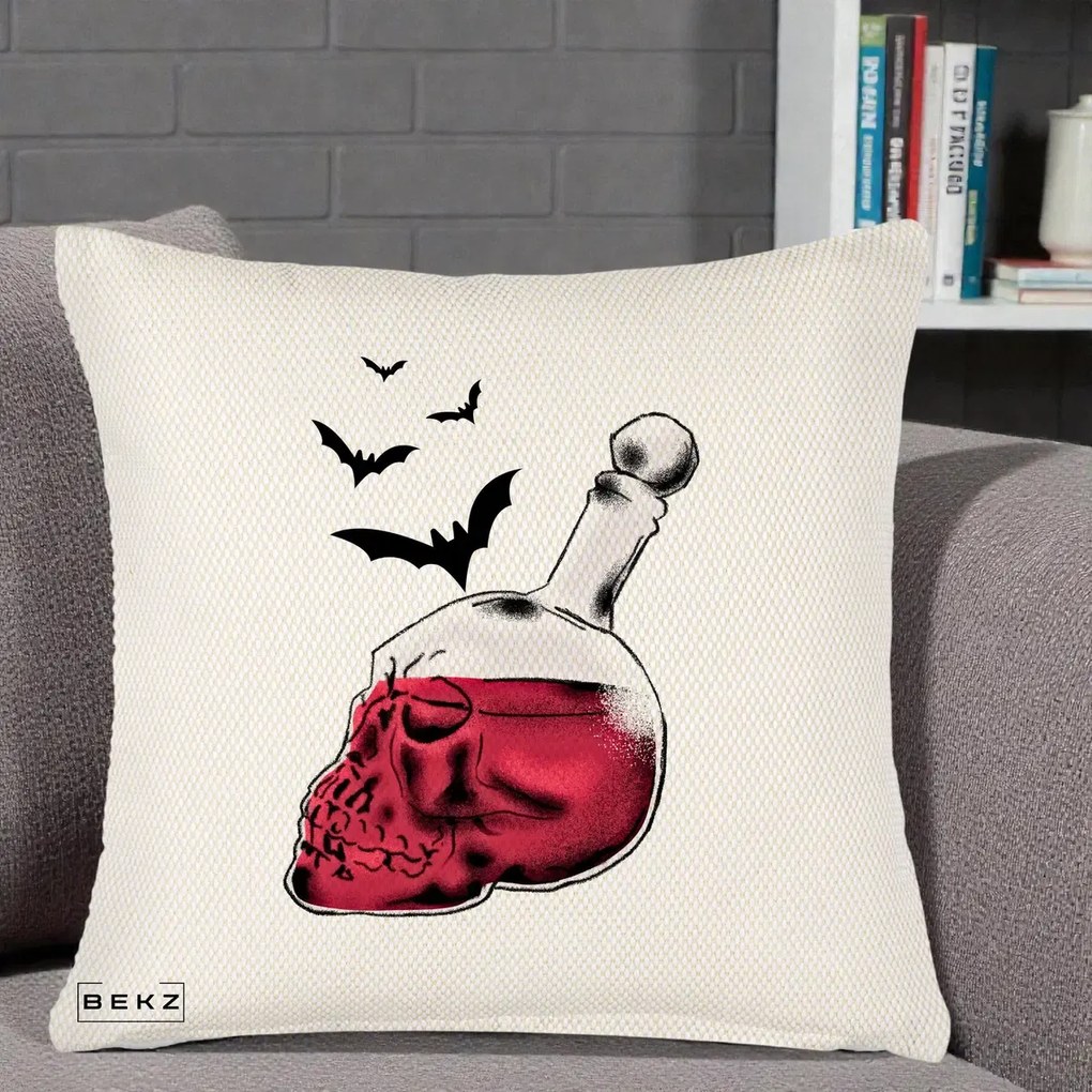 Perna Decorativa Halloween Craniu-Sticla cu Lilieci, 40x40 cm, Crem Reliefat, Husa Detasabila, Perna Inclusa, BEKZ®