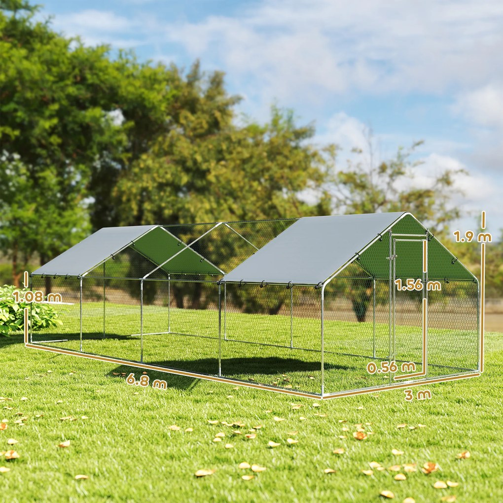 PawHut Coteț de Exterior Mare din Oțel Galvanizat 6,8x3x1,9 m 20,4 m² cu Acoperire Din Țesătură Oxford și Încuietoare Argintiu | Aosom Romania