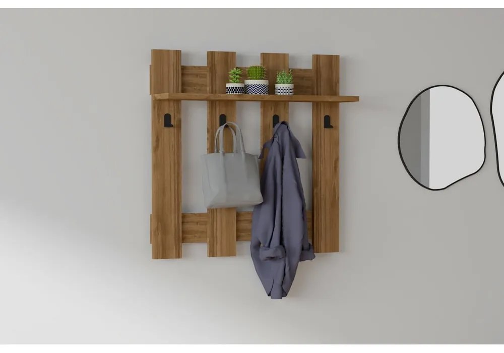 Raft de perete cu 4 cârlige Carina, maro închis