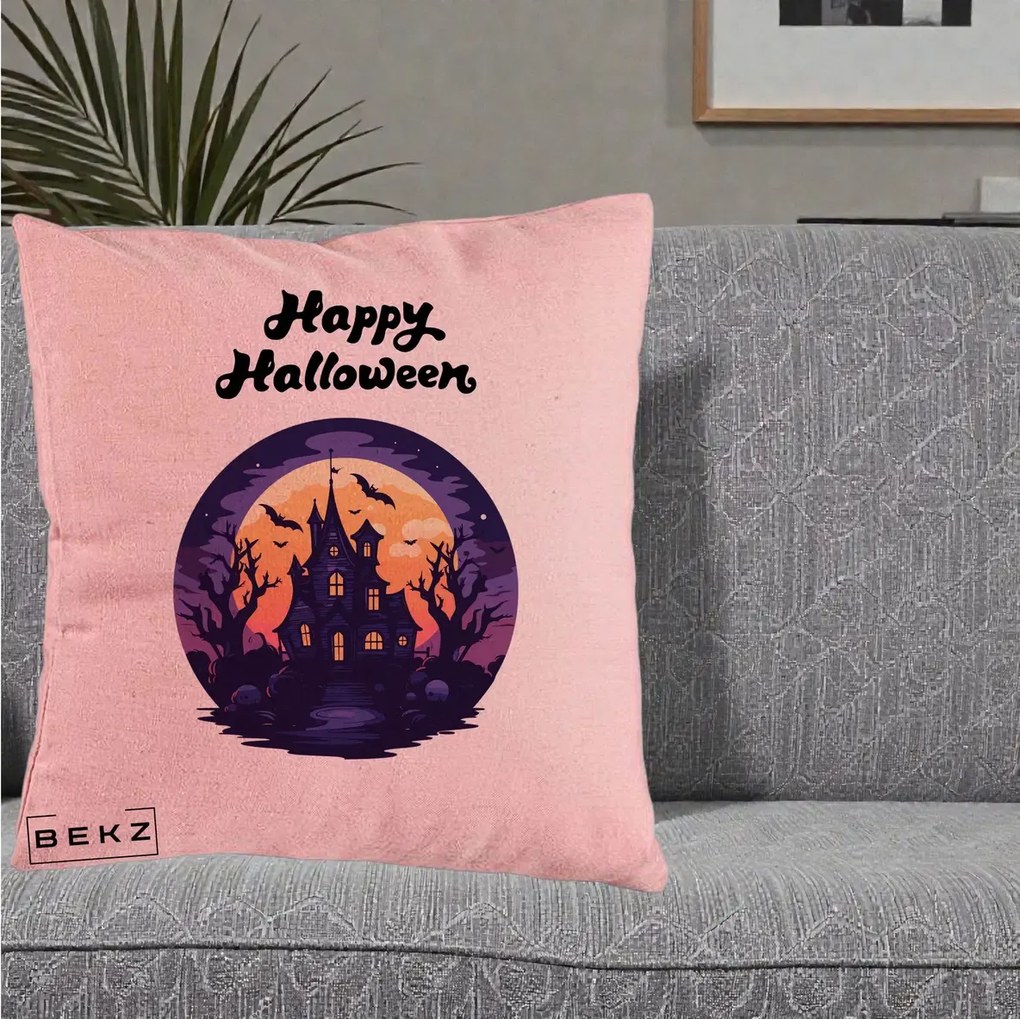Perna Decorativa Happy Halloween Casa Bantuita Violet, 40x40 cm, Roz, Husa Detasabila, Perna Inclusa, BEKZ®
