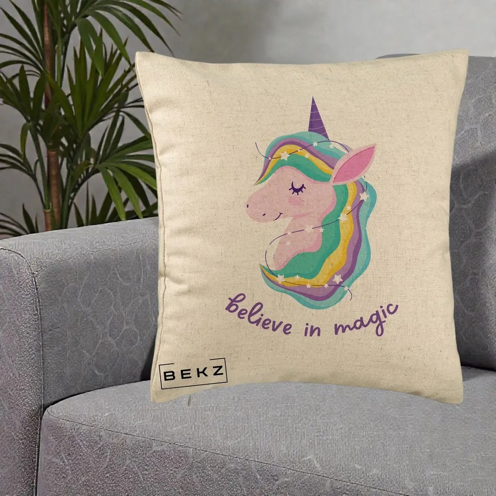 Perna Decorativa Unicorn Believe in Magic, 40x40 cm, Bej, Husa Detasabila, Perna Inclusa, BEKZ®