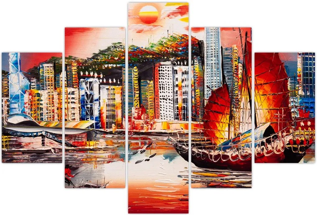Tablou - Victoria Harbour, Hong Kong, pictură în ulei (150x105 cm)