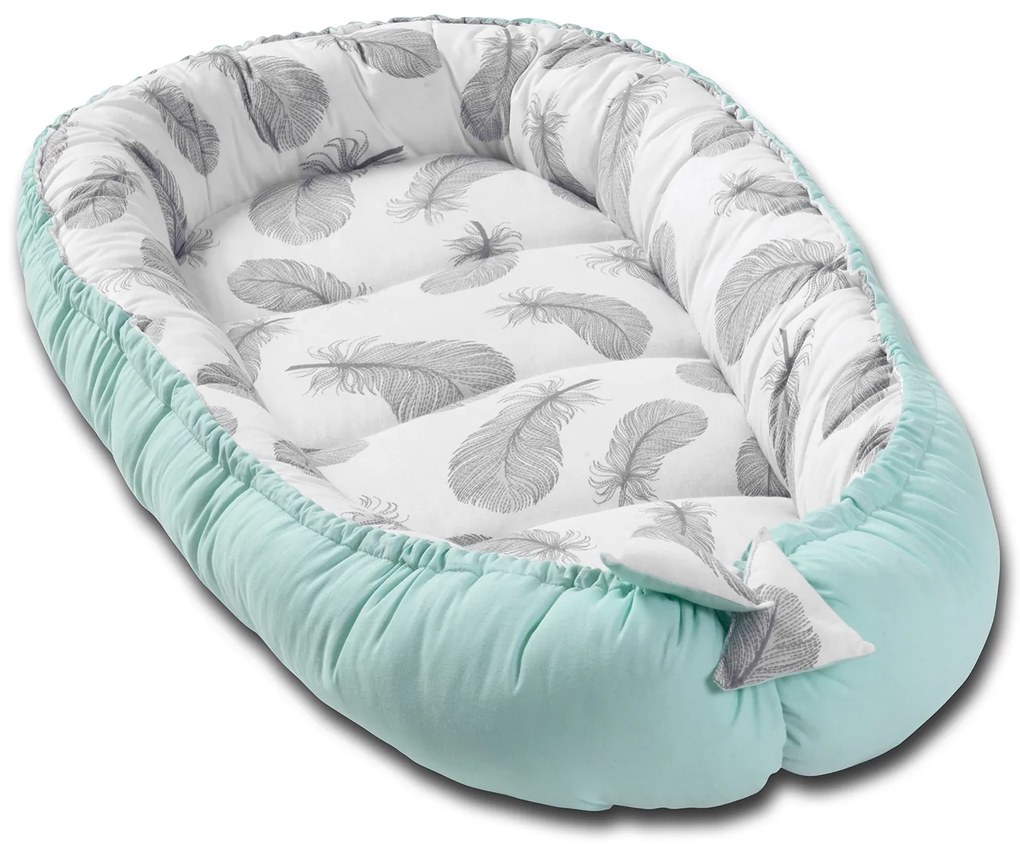 RESIGILAT Cosulet bebelus pentru dormit Kidizi Baby Nest Cocoon 90x50 cm Mint Feathers