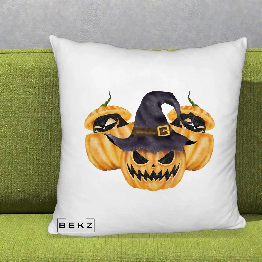 Perna Decorativa Trio Dovleci Jack-o-Lantern cu Palarie Vrajitoare, 40x40 cm, Alb Pufos, Husa Detasabila, Perna Inclusa, BEKZ®
