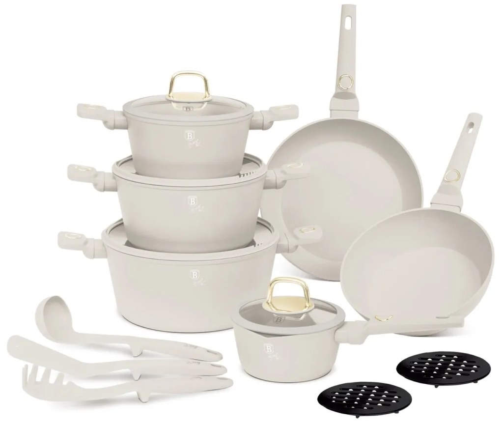 Set oale si tigai cu capace 15 piese Sahara Collection Berlinger Haus BH 8081, crem, antiaderente, curatare usoara, inductie, design elegant, premium