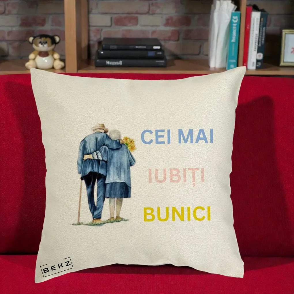 Cadou pentru Bunici - Perna Personalizata Cei Mai Iubiti Bunici Acuarela Spate, 40x40 cm, Ecru, Husa Detasabila, Perna Inclusa, BEKZ®