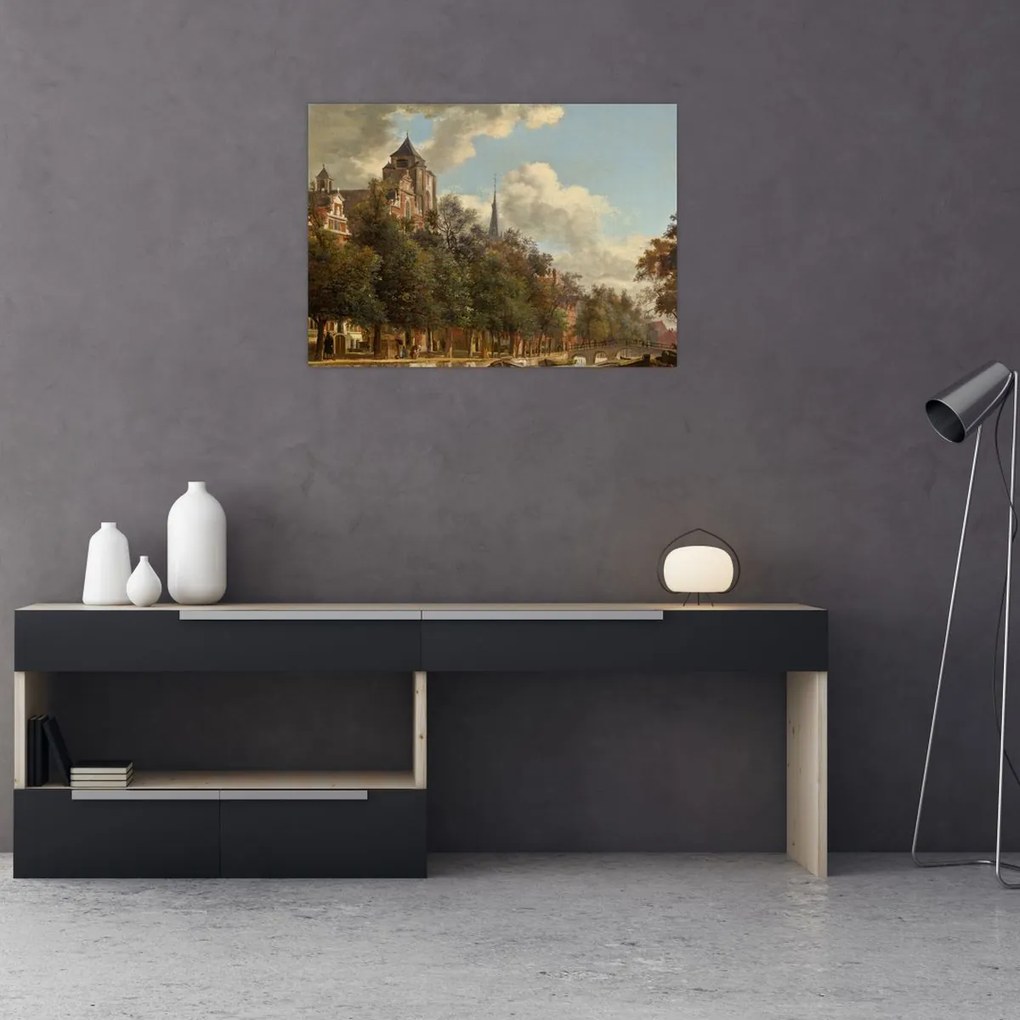 Tablou pe sticlă - Jan van der Heyden, View Down a Dutch Canal, reproducere (70x50 cm)