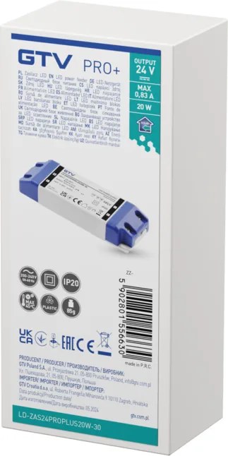 Transformator Pro+ GTV pentru bandă LED, 20W, 24V, IP20 20 W, 24 V, Plastic