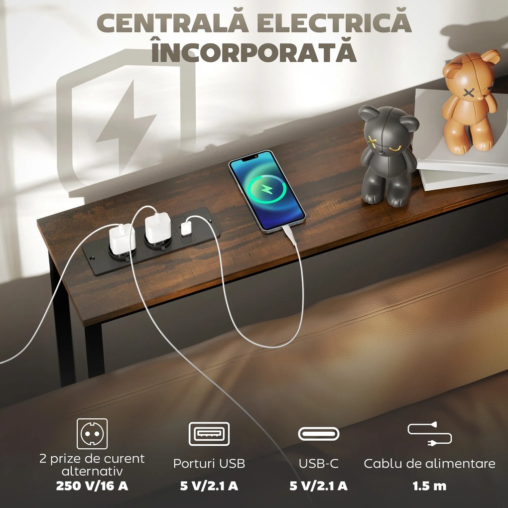 HOMCOM Masă Consolă Industrială cu Stație de Încărcare Maro | Aosom Romania