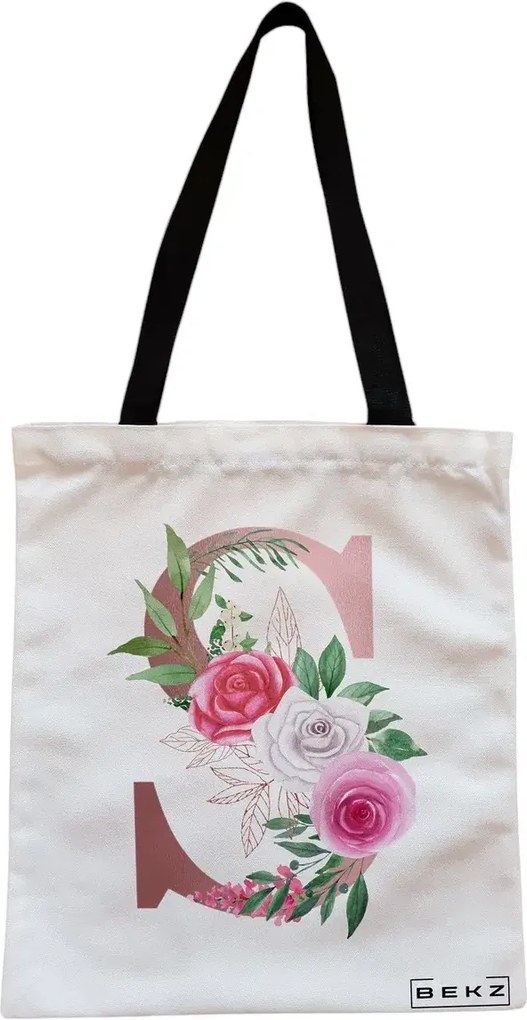 Sacosa de Panza pentru Cumparaturi, Geanta Tote, Cu litera S Rose Gold si Trandafiri, Cu fermoar, 38x34.5 cm, Alba, BEKZ®