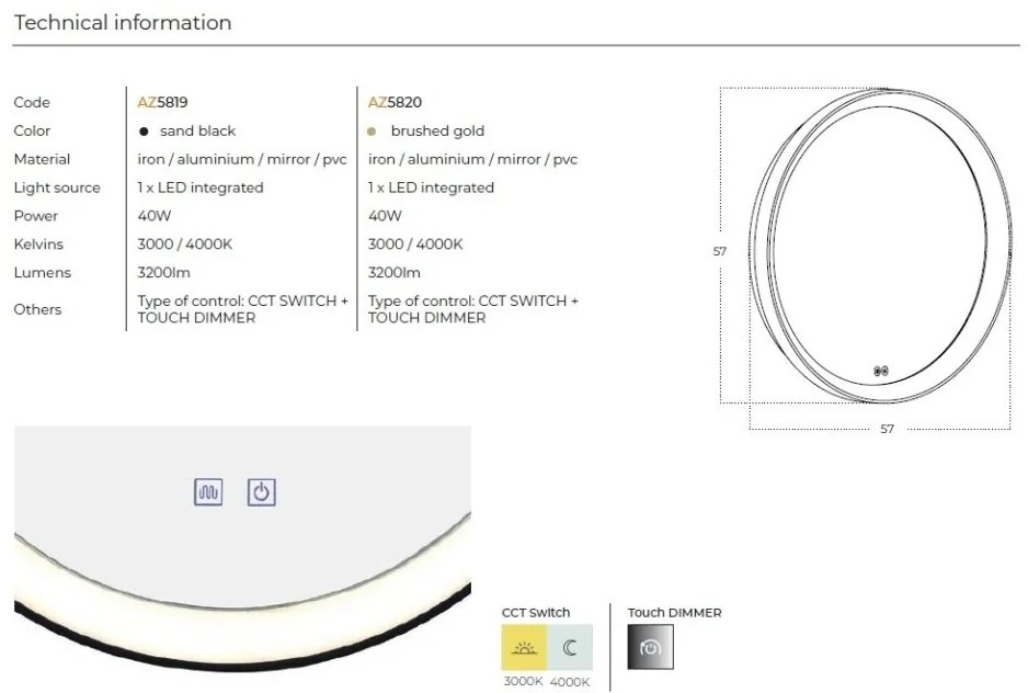 Oglinda baie cu iluminat LED IP44 SERGIO 60 CCT SWITCH GO