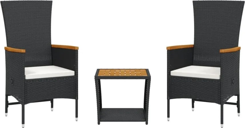 vidaXL Set mobilier de grădină cu perne, 3 piese, negru, poliratan