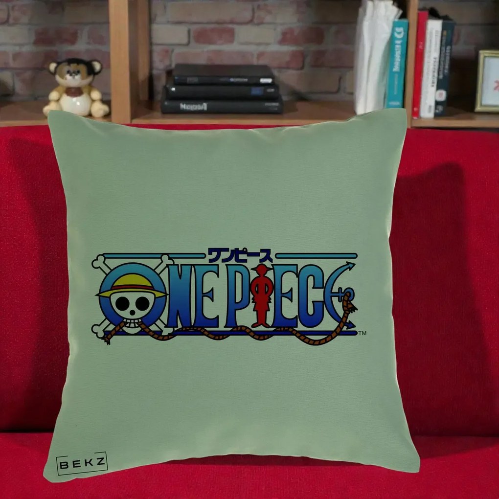 Perna Personalizata One Piece Clasic Albastru, 40x40 cm, Verde, Husa Detasabila, Perna Inclusa, BEKZ®