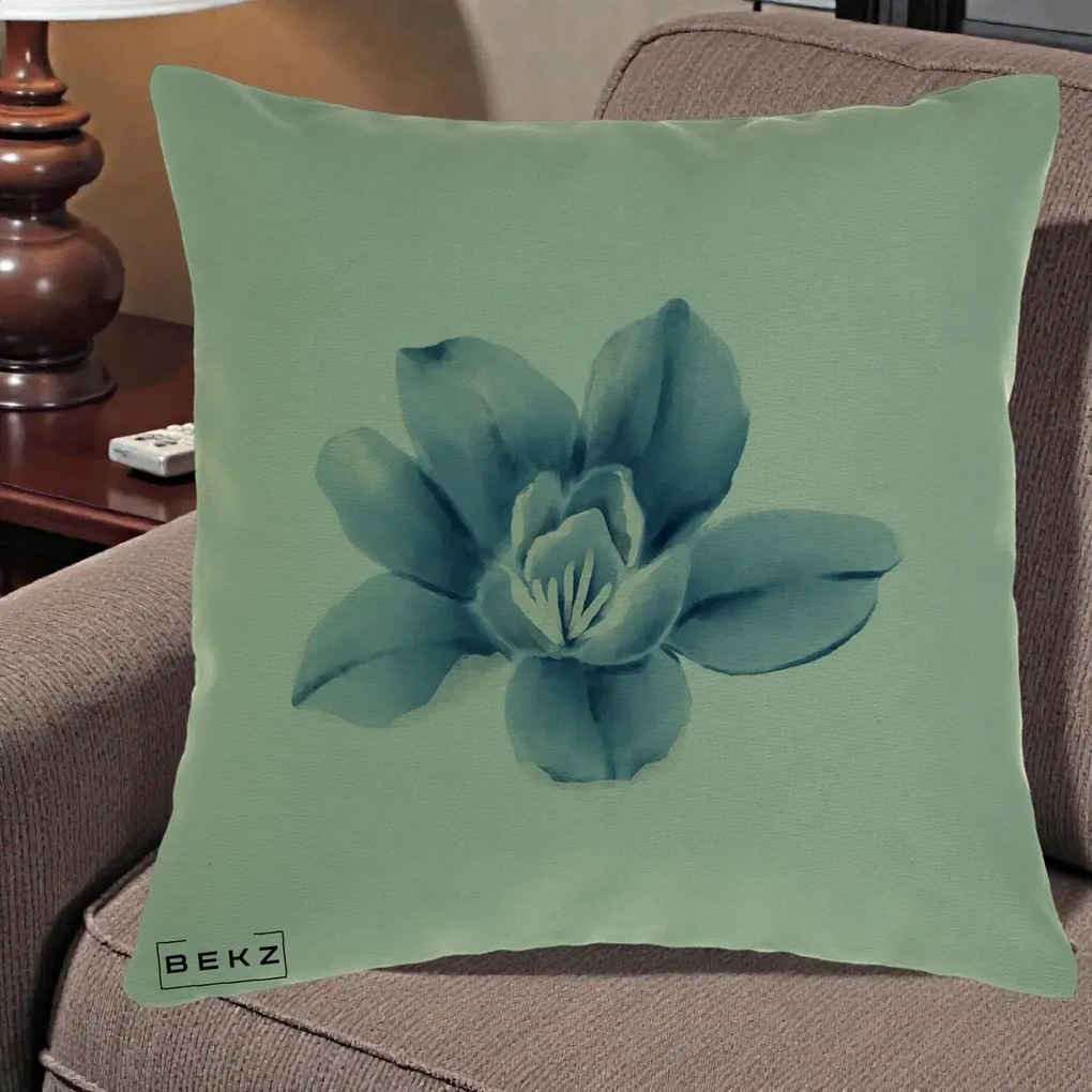 Perna Decorativa Magnolie Albastra Acuarela, 40x40 cm, Verde, Husa Detasabila, Perna Inclusa, BEKZ®