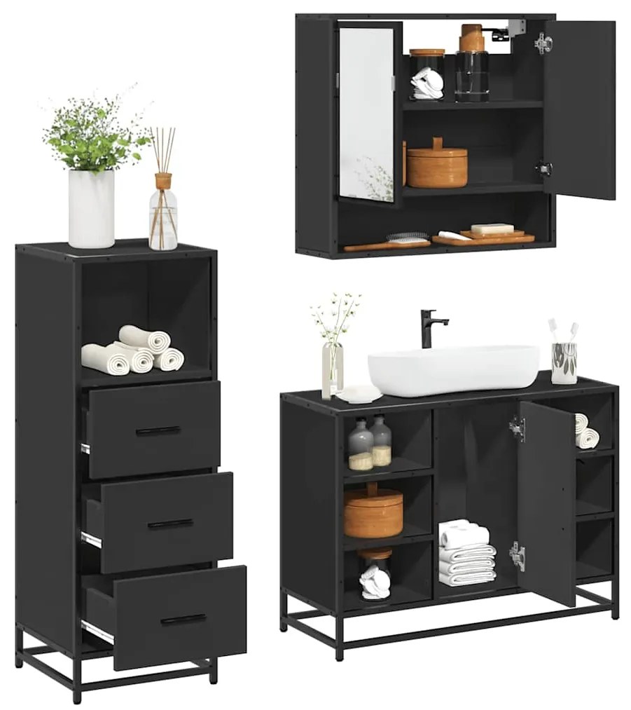 vidaXL Set mobilier de baie, 3 piese, negru, lemn compozit