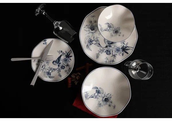 Set de veselă 24 piese din porțelan, alb/albastru