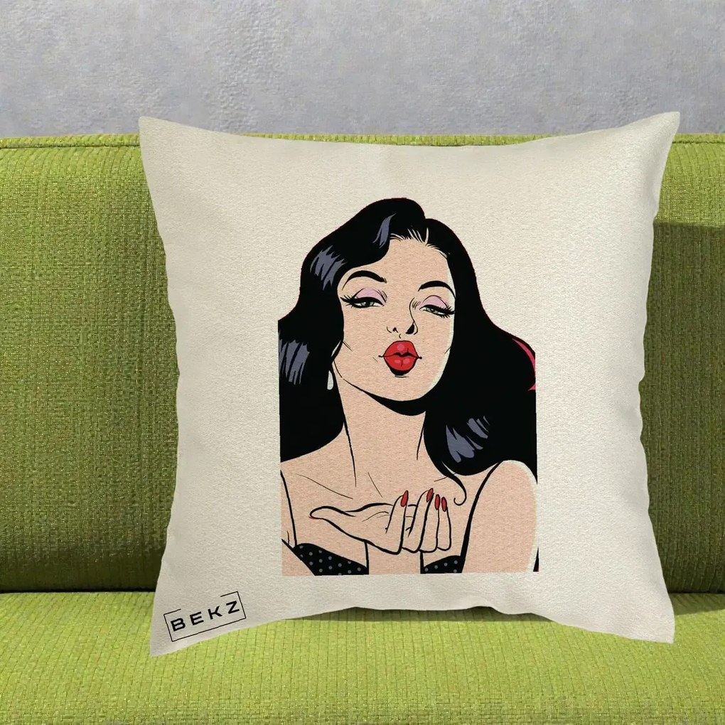 Perna Decorativa Femeie Pop-Art Kiss, 40x40 cm, Ecru, Husa Detasabila, Perna Inclusa, BEKZ®