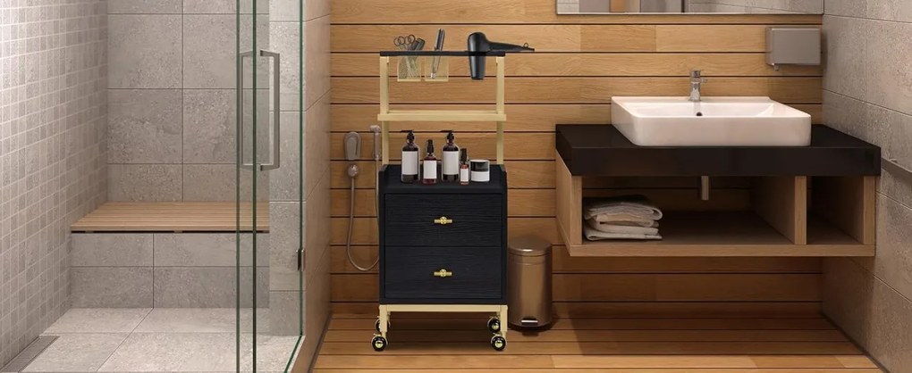CMAU202 - Carucior 37 cm, cu Rafturi si Roti, masuta manichiura, ucenic cosmetica, masa coafor - Alb - Imitatie de marmura / Negru - Auriu