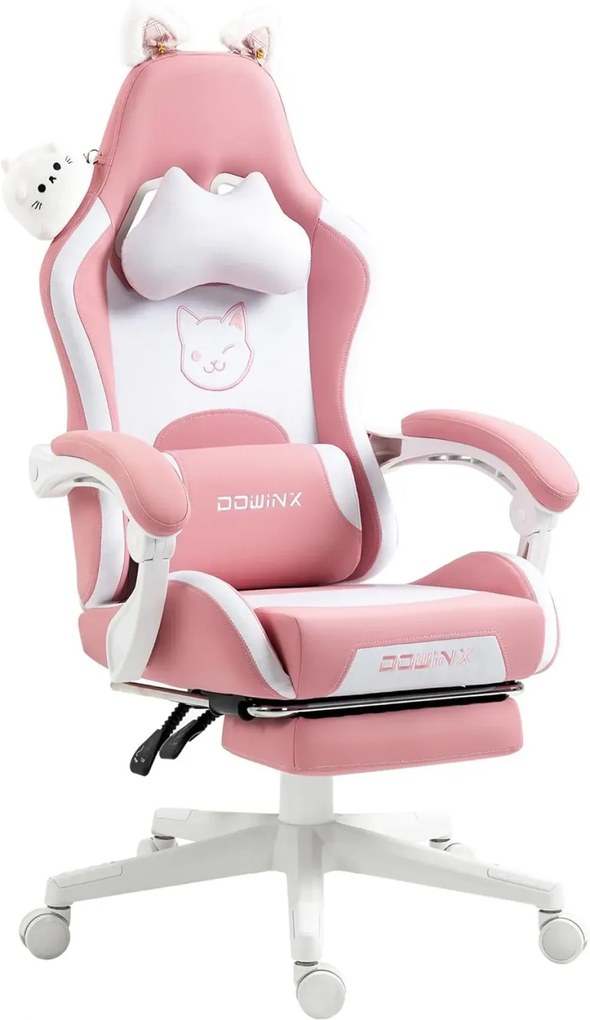 DOWINX Scaun gaming, ergonomic, suport lombar cu masaj, rabatabil 90°-140°, Suport picioare, material respirabil, Roz