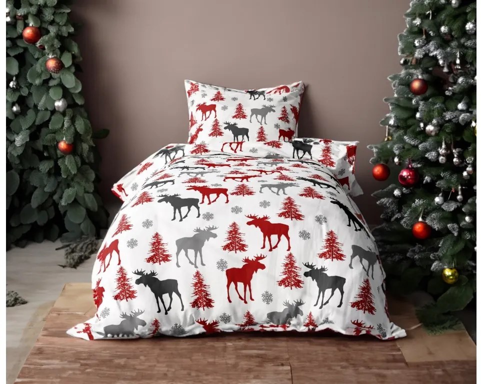 Lenjerie de pat flanel CHRISTMAS LOS alb + cearceaf microplush SOFT 90x200 cm alb