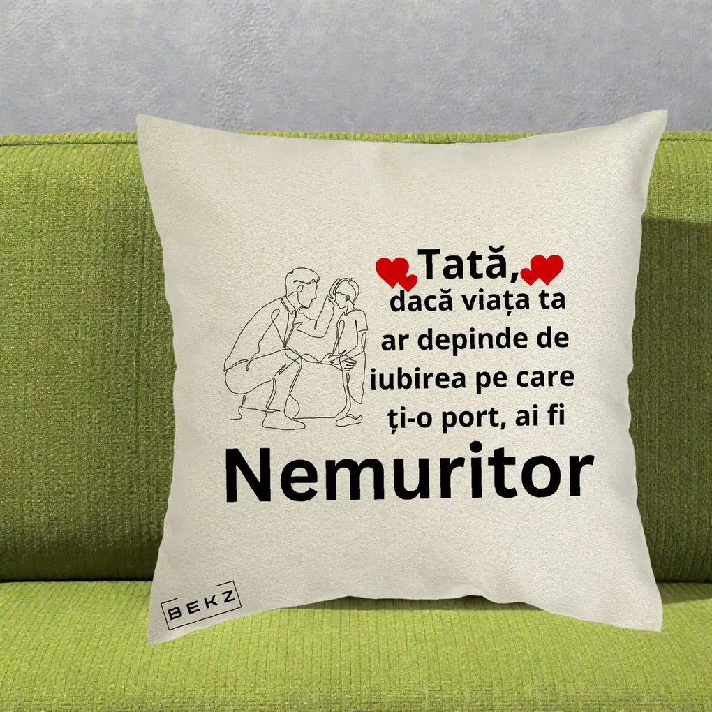 Cadou pentru Tata - Perna Personalizata Tata Nemuritor Baietel, 40x40 cm, Ecru, Husa Detasabila, Perna Inclusa, BEKZ®