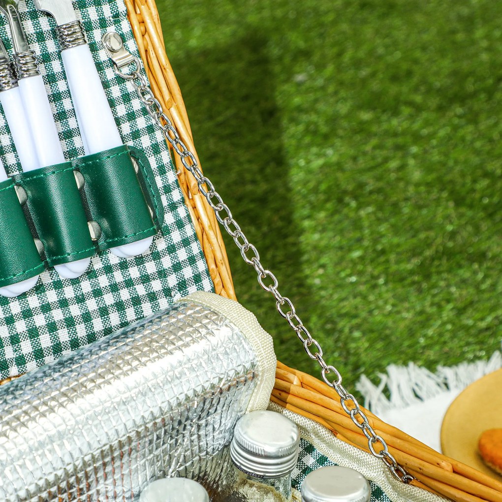 Outsunny Coș de Picnic din Răchită pentru 2 Persoane cu Zonă Frigorifică și Veselă, 40x30x20 cm, Maro Deschis | Aosom Romania