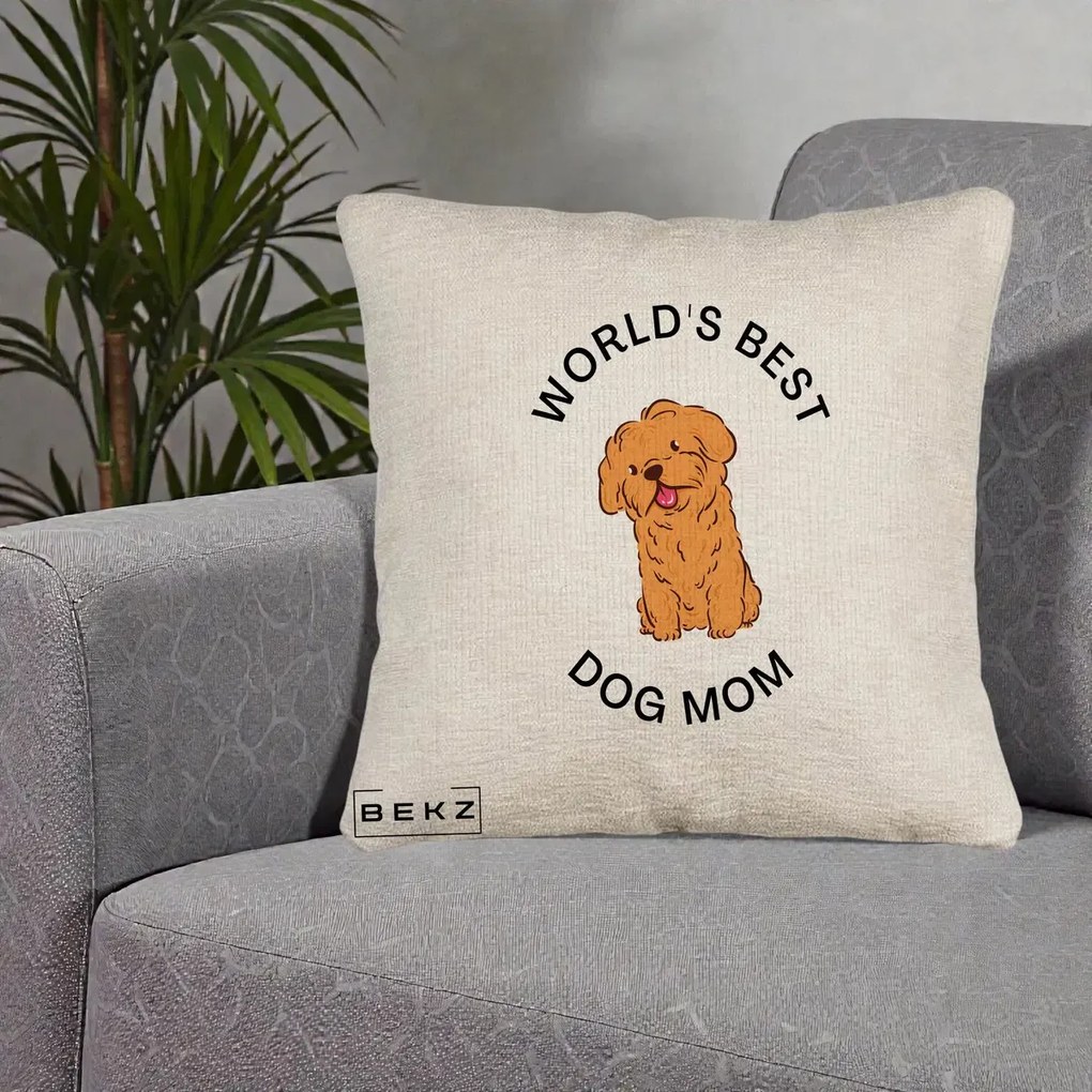 Cadou pentru Iubitorii de Caini - Perna Personalizata World's Best Dog Mom, 40x40 cm, Bej Canapea, Husa Detasabila, Perna Inclusa, BEKZ®