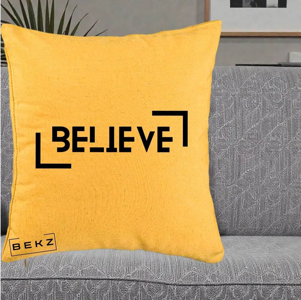 Perna Decorativa Believe Minimalist, 40x40 cm, Galben, Husa Detasabila, Perna Inclusa, BEKZ®