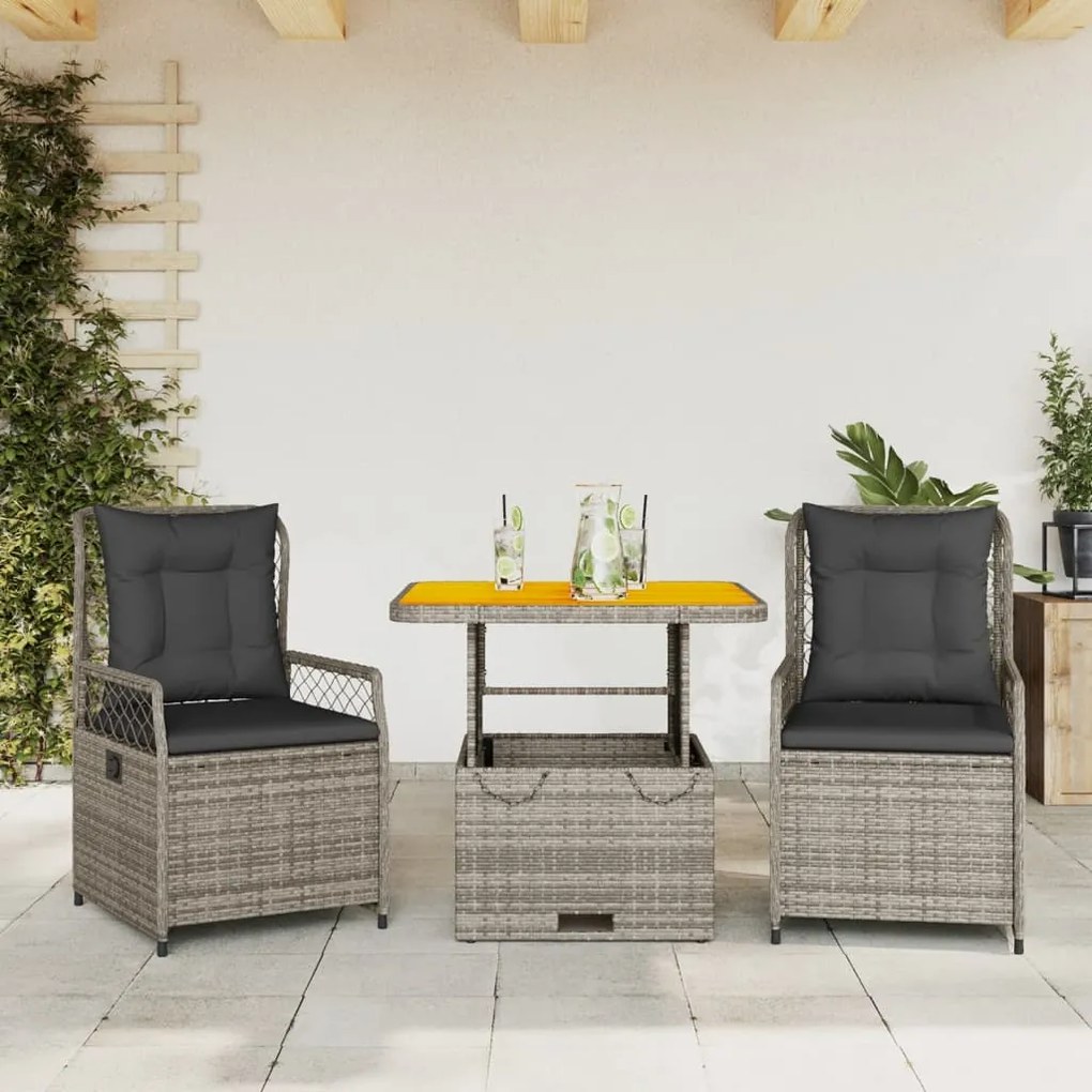 vidaXL Set mobilier de grădină cu perne, 3 piese, gri, poliratan
